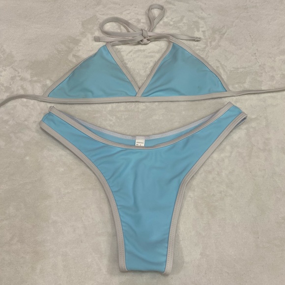 ROMWE Women’s Contrast Piping Halter Top High Leg Tie Bikini - blue, size L - Picture 3 of 9